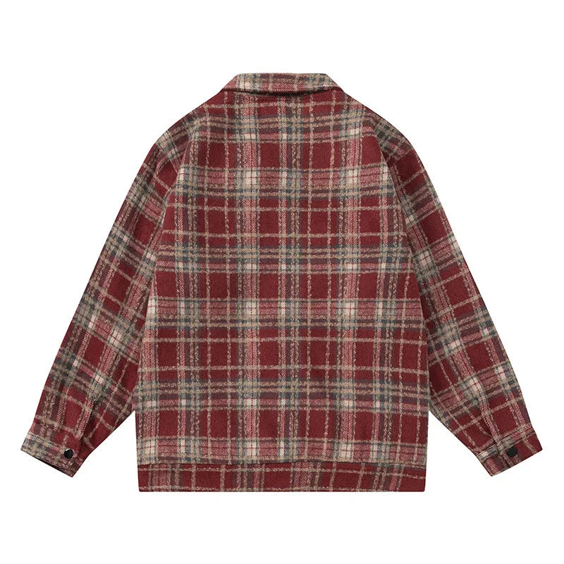 Autumn and Winter New Lattice Embroidery Woolen Jacket Shirt Japanese Retro Plaid Casual Loose Long Sleeved Jackets Coats