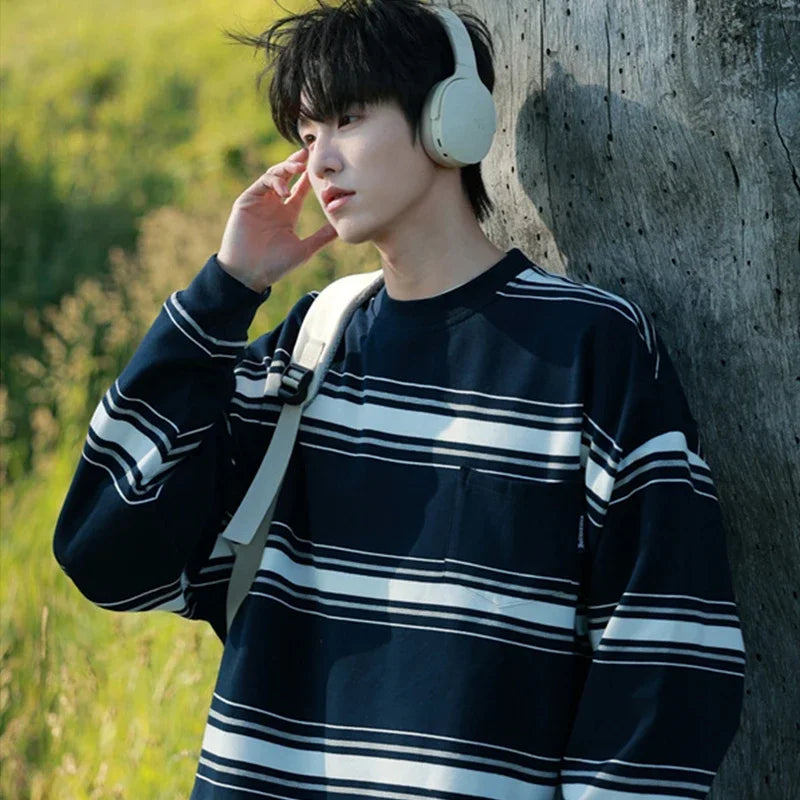 Layered Streetwear Knit Top – Autumn Japanese Retro Striped Sweatshirts For Men And Women Y2K Streetwear Crewneck Long Sleeve T Shirts Casual Pocket Knit Tops | Zip Knit Drop #48