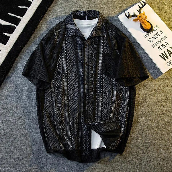 Mens Hollow Lace Elegant Short Sleeve Lazy Style Casual Breathable Personality Hollow Design Thin Shirt Unisex 2024 Summer New