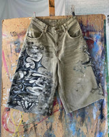 y2k american street retro graffiti anime print oversized denim shorts men shorts high waist fashion loose casual wide leg pants unique jeans style 3489