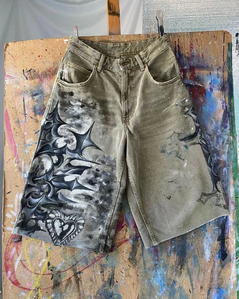 y2k american street retro graffiti anime print oversized denim shorts men shorts high waist fashion loose casual wide leg pants unique jeans style 3489