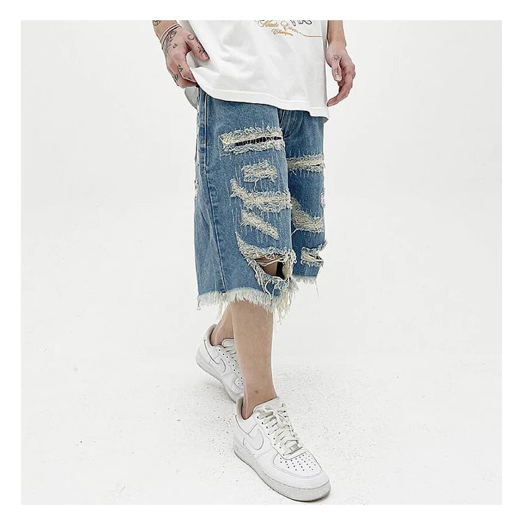Mens Fashion Denim Jean Shorts Summer Casual Destroyed Ripped Destressed Holes Loose Shorts Hip Hop Streetwear Shorts Joggers
