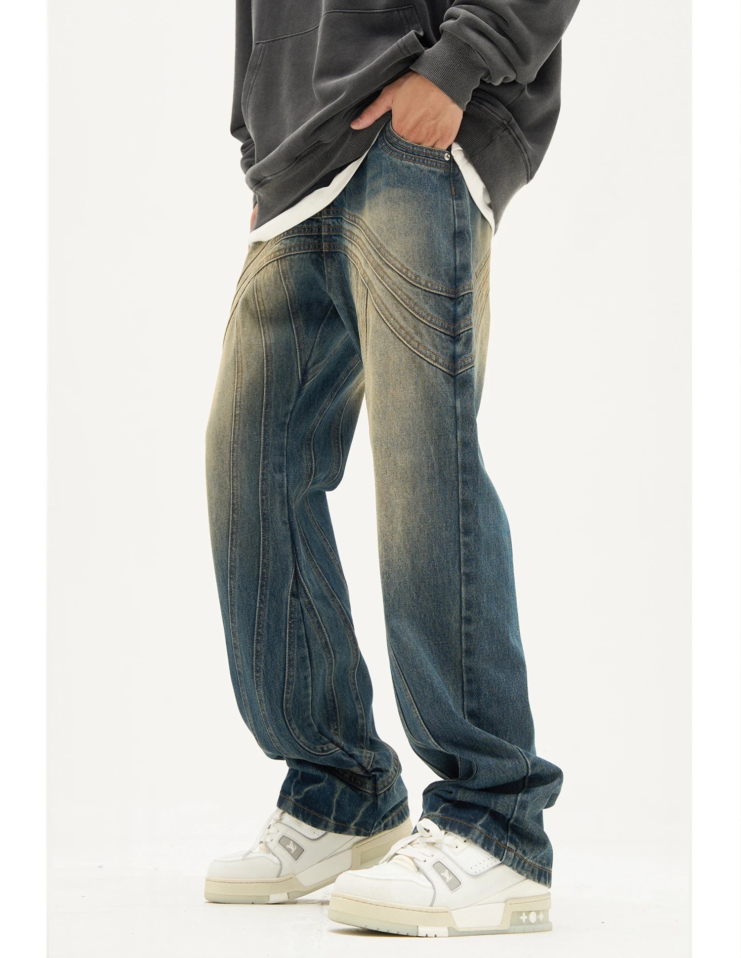 mens retro washed denim jeans loose straight pants 2023 new fashion streetwear trousers hip hop casual zipper jean pants joggers unique joggers style 2487