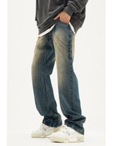 mens retro washed denim jeans loose straight pants 2023 new fashion streetwear trousers hip hop casual zipper jean pants joggers unique joggers style 2487