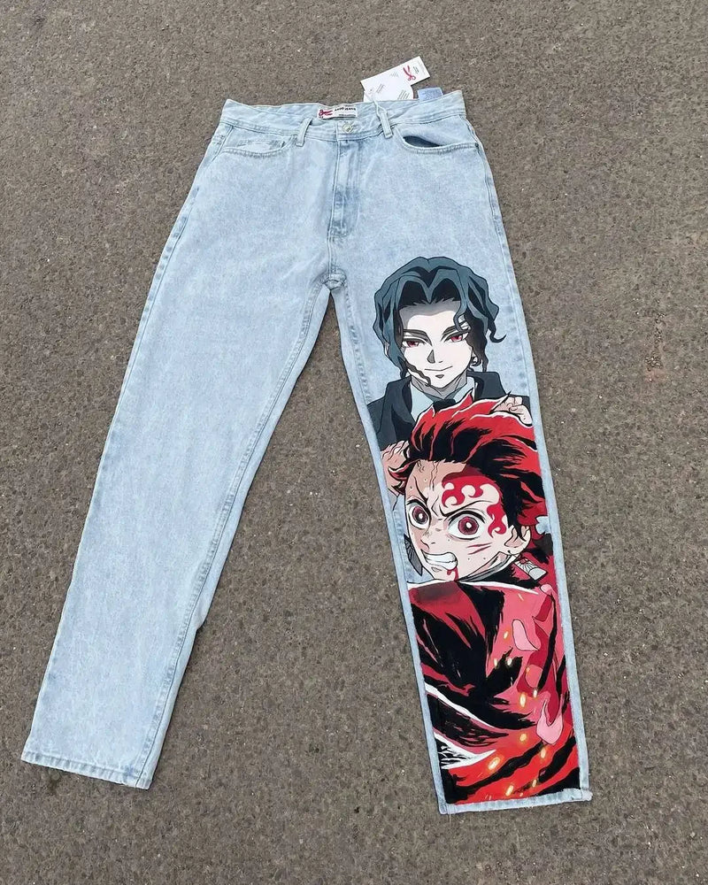 harajuku popular anime kokushibo print baggy jeans new style wide leg trouser y2k streetwear for men women high waist pants unique jeans style 4295