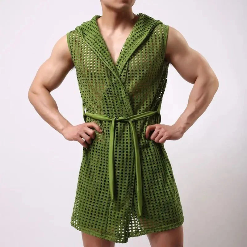 Men Robes Brand Male Sexy Bathrobe Sleepwear Sleeveless Bath Robe Sleep Lounge Badjas Cutout Cardigan Loungewear Mesh Menswear