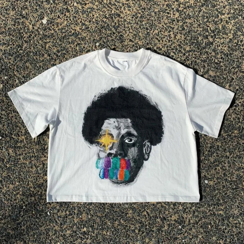 Summer American High Street Fashion Brand Round Neck Short-sleeved Y2k Harajuku Retro Anime Print Oversized Couple T-shirt Top