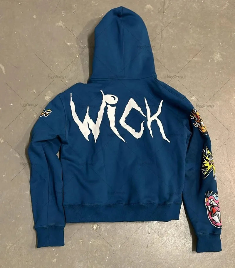 Street Fashion Brand Retro Zipper Hoodie Men Anime Graffiti Print Over