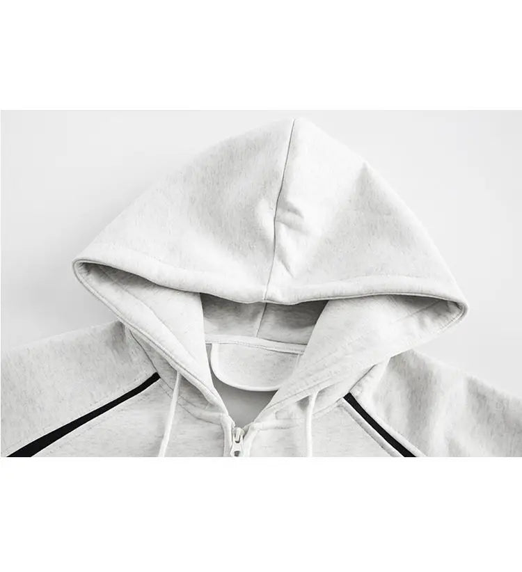 American Street Ins Gray Hooded Sweatshirt Jacket for Boys Retro Street Y2K Loose Splicing Contrasting Zipper Cardigan Top