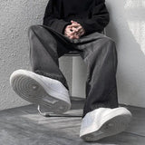 korean mens casual long jeans loose retro straight baggy pants denim wide leg pants light blue grey black retro washed jeans ripped baggy denim
