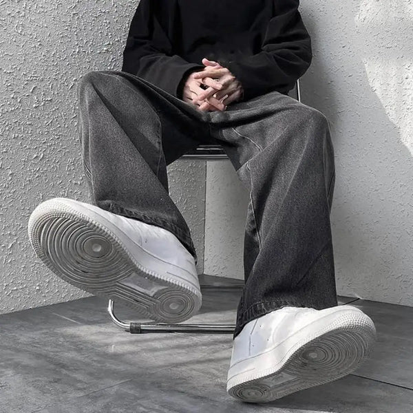 korean mens casual long jeans loose retro straight baggy pants denim wide leg pants light blue grey black retro washed jeans ripped baggy denim
