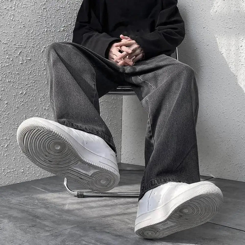 korean mens casual long jeans loose retro straight baggy pants denim wide leg pants light blue grey black retro washed jeans ripped baggy denim