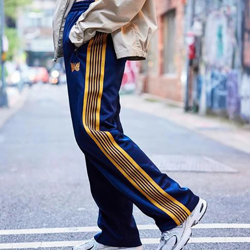 blue pattern embroidery casual motion pants men woman fashion street side edge weaving straight cylinder trousers minimalist street pants