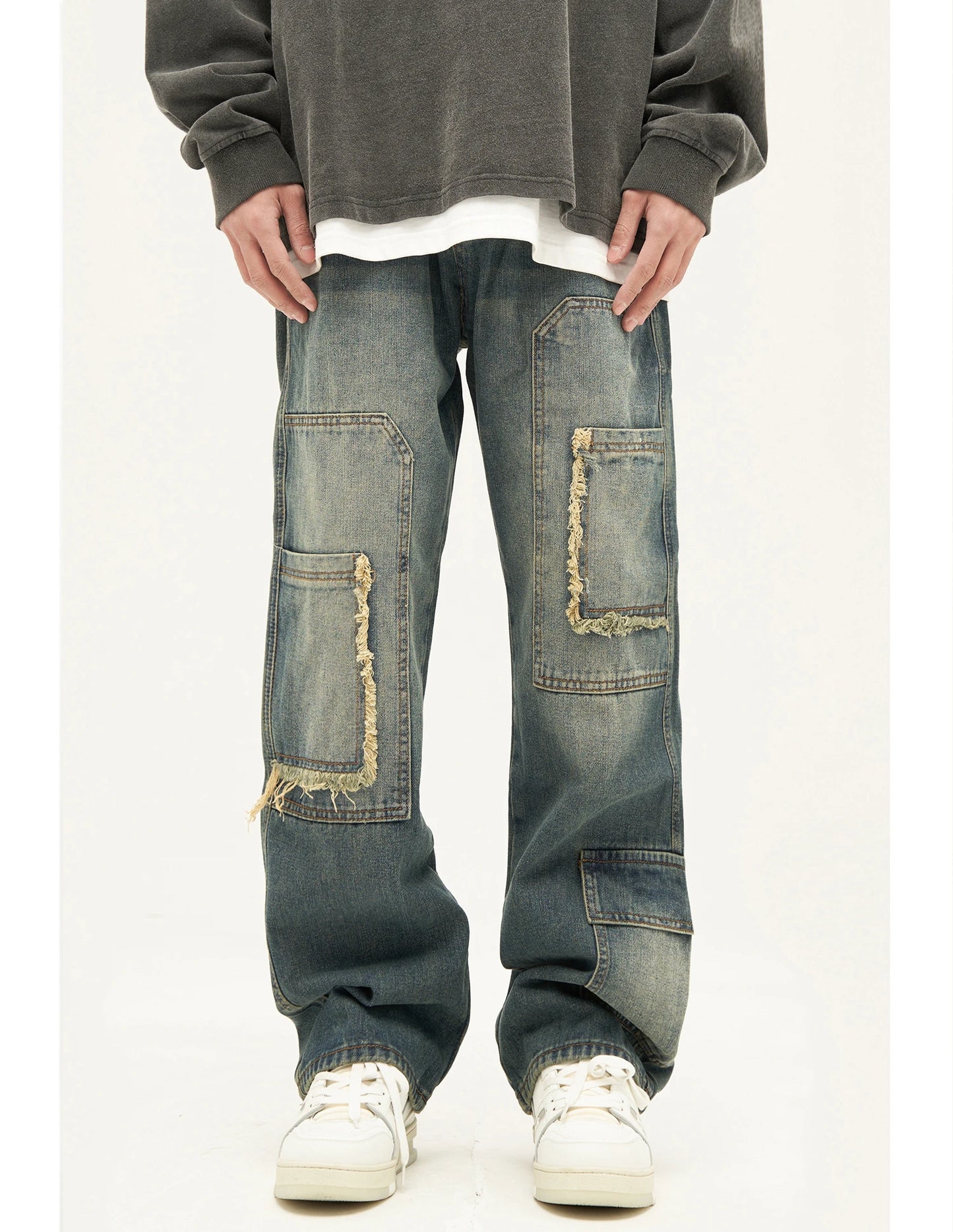 retro washed denim jeans destroyed ripped loose mens biker jeans side pocket fashion streetwear hip hop straight pants joggers unique joggers style 2206