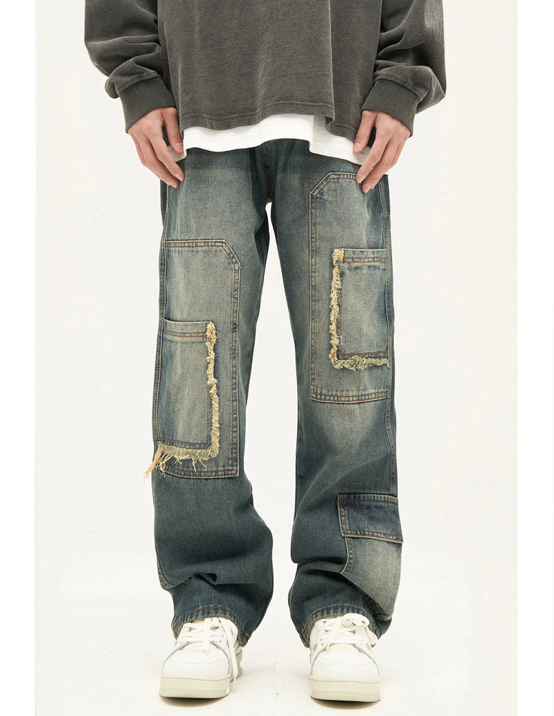 retro washed denim jeans destroyed ripped loose mens biker jeans side pocket fashion streetwear hip hop straight pants joggers unique joggers style 2206