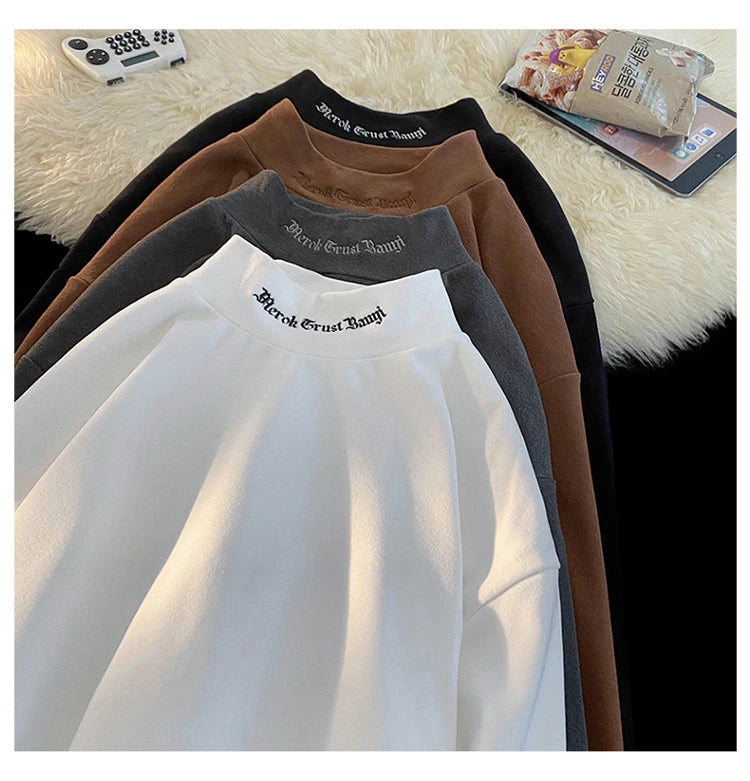 Autumn Winter Warm Classic Long Sleeve Bottoming Shirt Gothic Style Embroidery Half-high Neck Tops Loose T-shirt