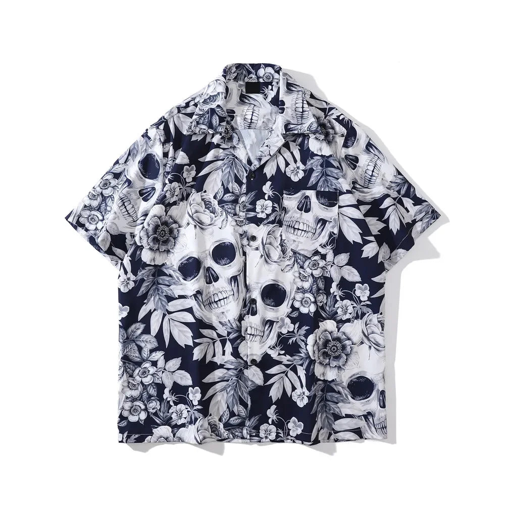Dark Icon Skeleton Floral Men's Shirt Summer Vintage Shirts for Men Male Top