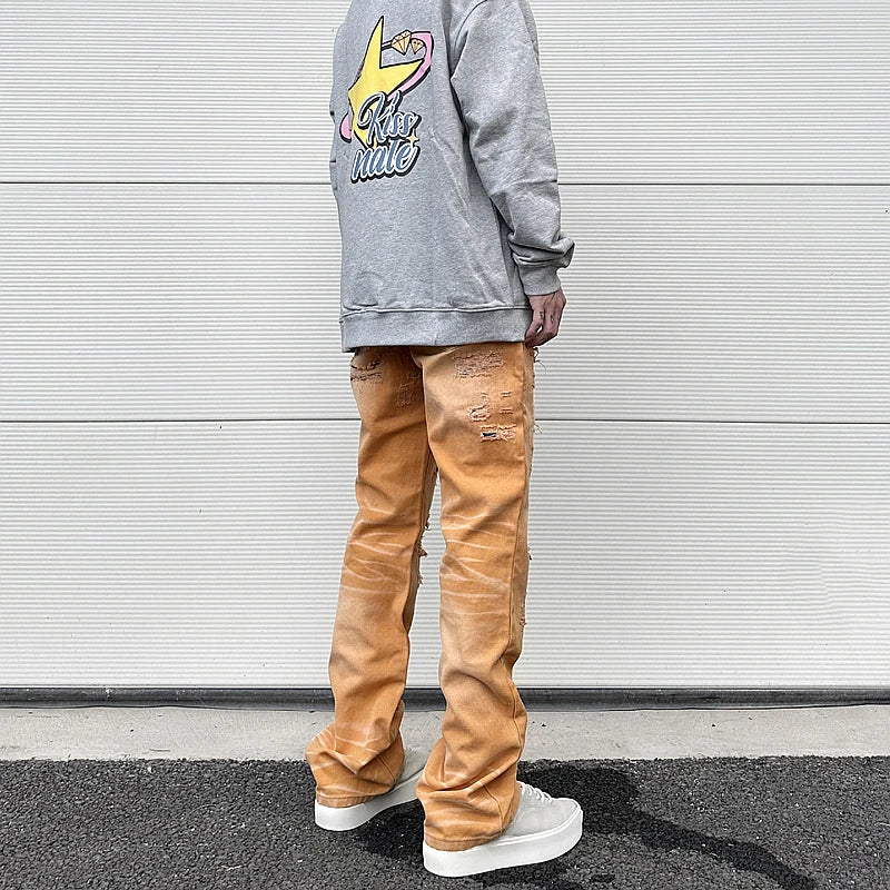 american high street washed torn jean mens y2k baggy ripped jeans cat whisker patch straight tube casual pants jeans hip hop unique jeans style 807