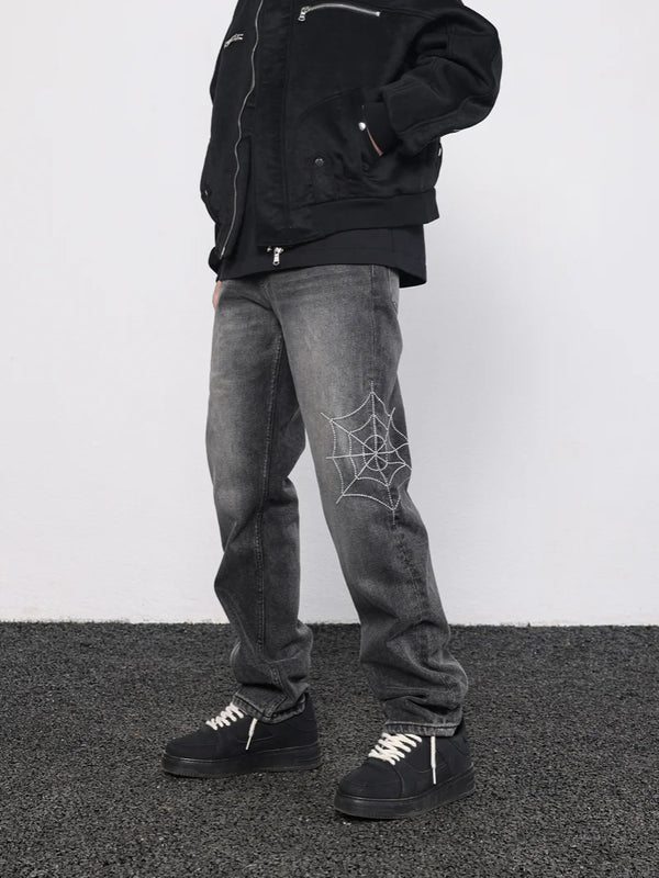 mens hip hop streetwear denim pants cobweb embroidery denim pants 2023 harajuku zipper cotton joggers jeans trousers harem pants sporty tapered joggers