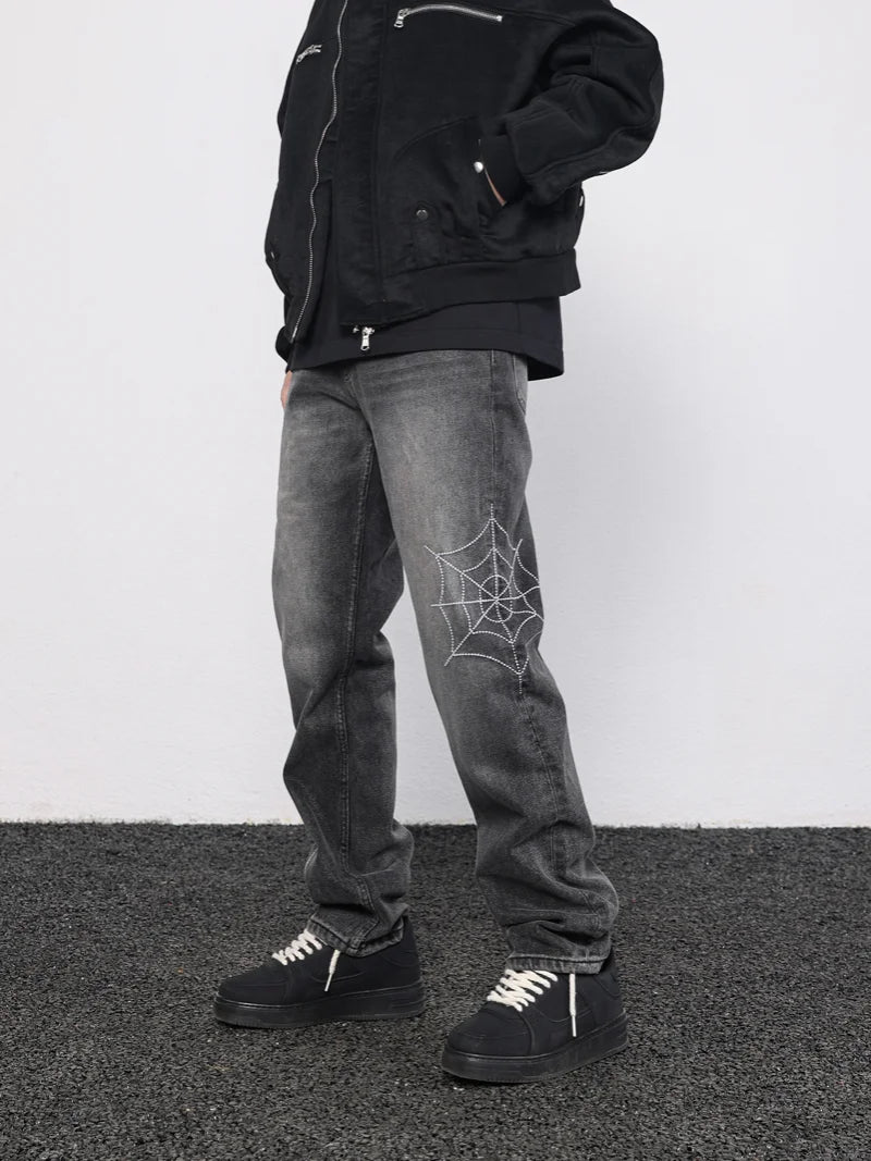 mens hip hop streetwear denim pants cobweb embroidery denim pants 2023 harajuku zipper cotton joggers jeans trousers harem pants sporty tapered joggers