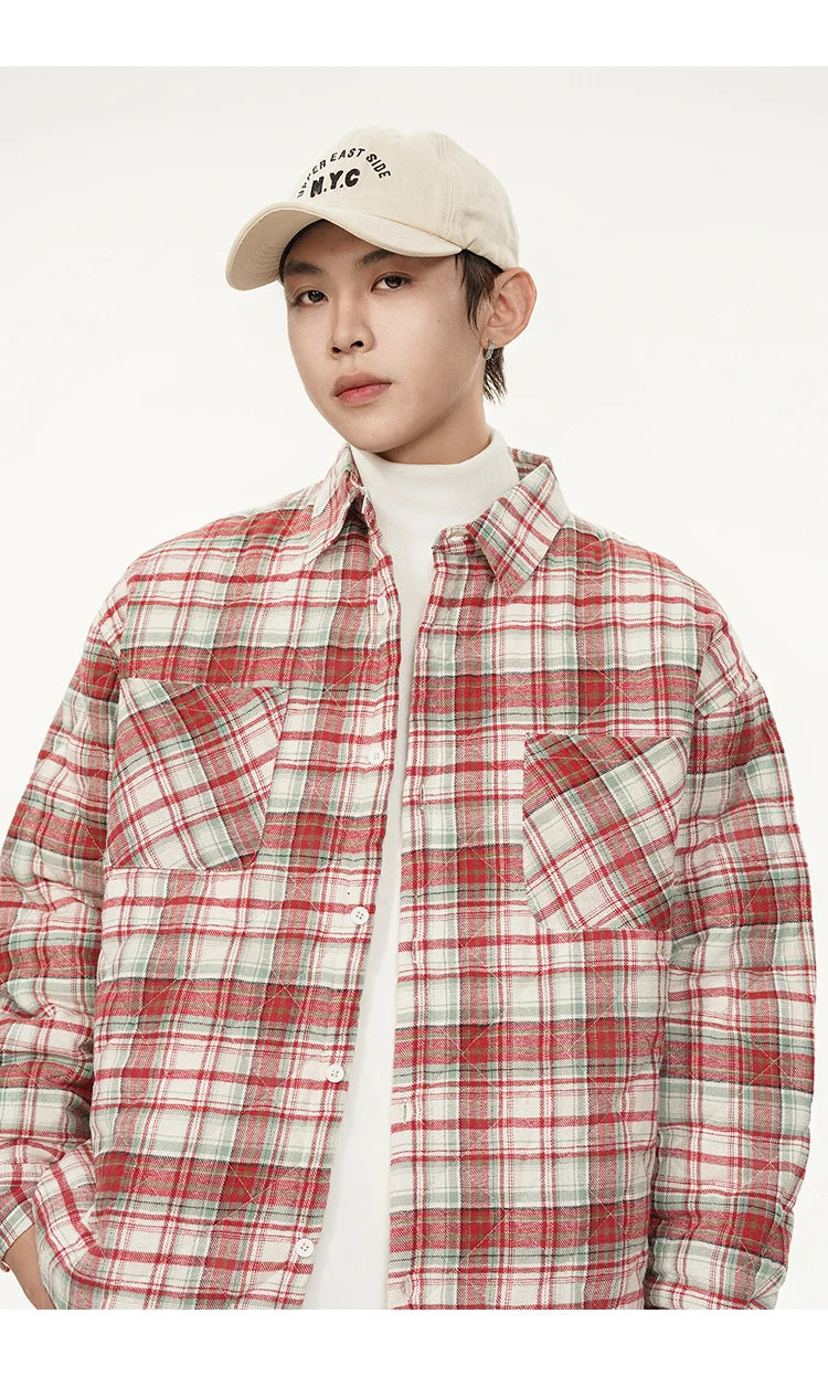 Autumn Winter Men Streetwear Fashion Loose Casual Oversize Plaid Cotton-padded Shirt Style Parkas Jacket Campus Couple Coat