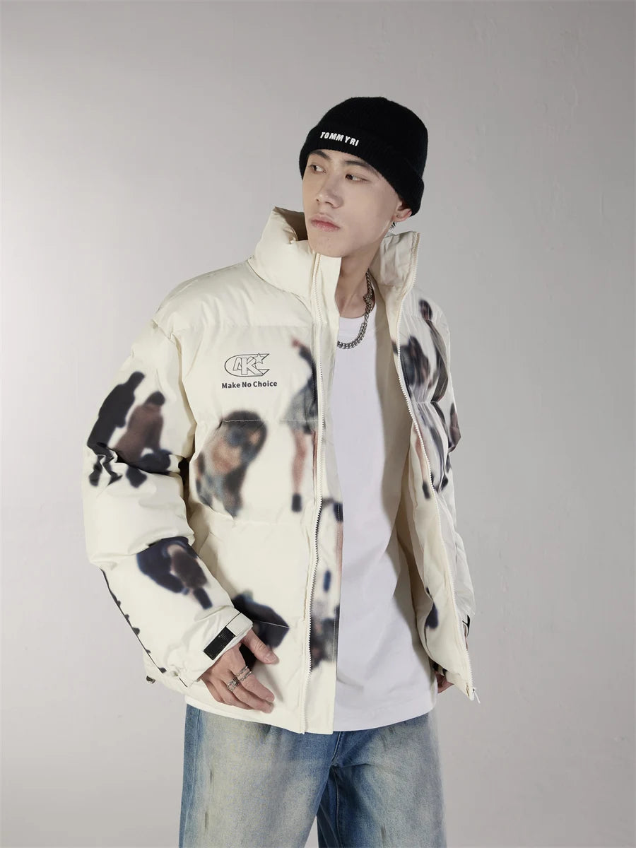 Hip Hop Jacket Parka Human Graffiti Print Men Winter Windbreaker Streetwear Harajuku Padded Jacket Coat Warm Outwear Hipster New