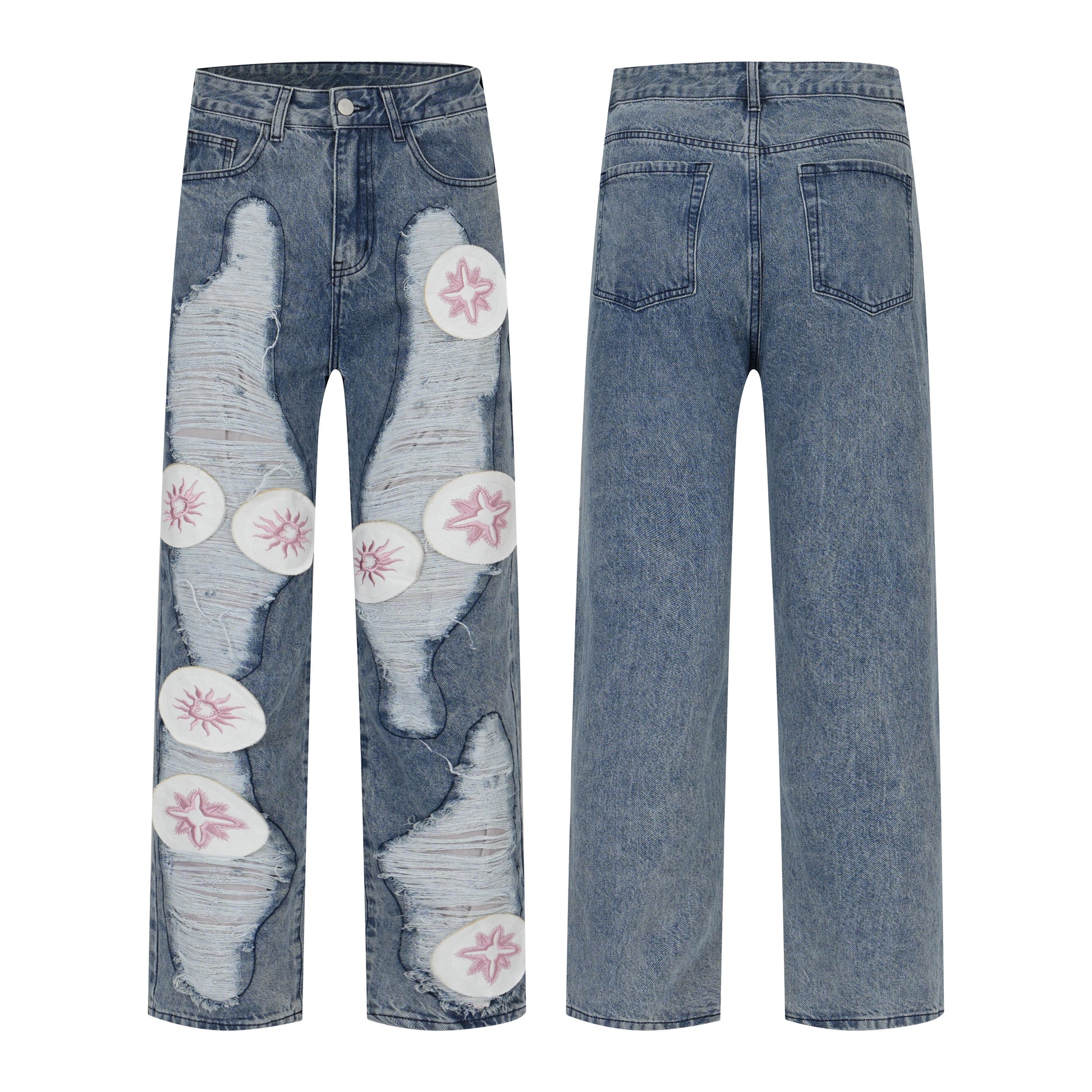 harajuku y2k stars embroidery patchwork ripped holes denim jeans casual straight jean pants mens hip hop streetwear jeans pants unique jeans style 2557