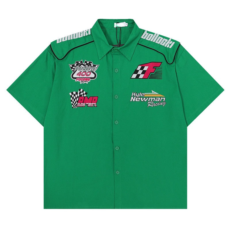 Fashion Mens Racing Embroidered Short Sleeves Shirt Casual Short Sleeve Hawaiian Shirt Hip Hop  Harajuku Streetwear Loose Shirts