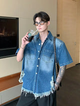 fashion high street mens set 2024 multi pocket short sleeved denim shirt casual straight leg pants 2 pcs set summer suit unisex unique jeans style 4494
