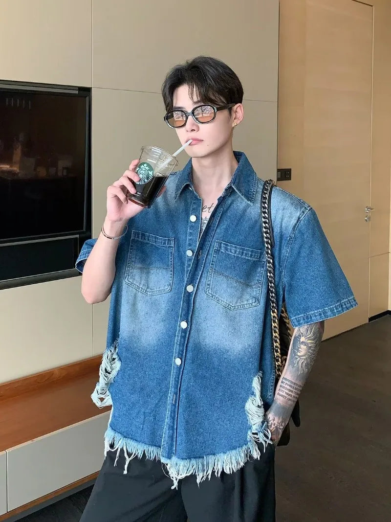 fashion high street mens set 2024 multi pocket short sleeved denim shirt casual straight leg pants 2 pcs set summer suit unisex unique jeans style 4494