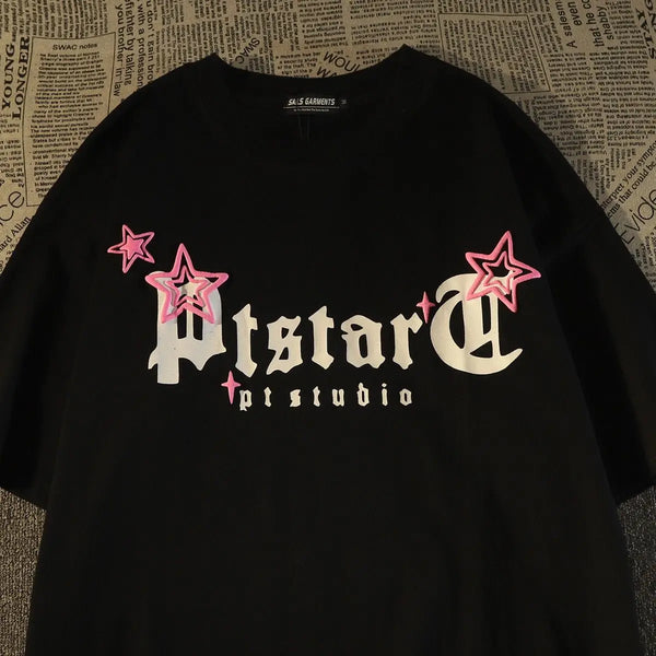 Glitchcore Chrome logo – Pure Cotton American Retro High Street Star Short Sleeved T