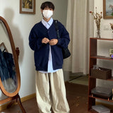 mens casual 2 pcs sets fake two pieces cotton shirt corduroy street wide leg pants sets japanese college retro couples suit urban fashion pants
