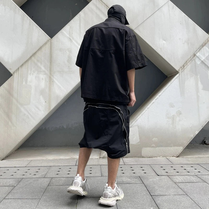 high street zipper pockets vibe style baggy drawstring summer shorts for men straight loose casual knee length pants oversized unique shorts style 4629