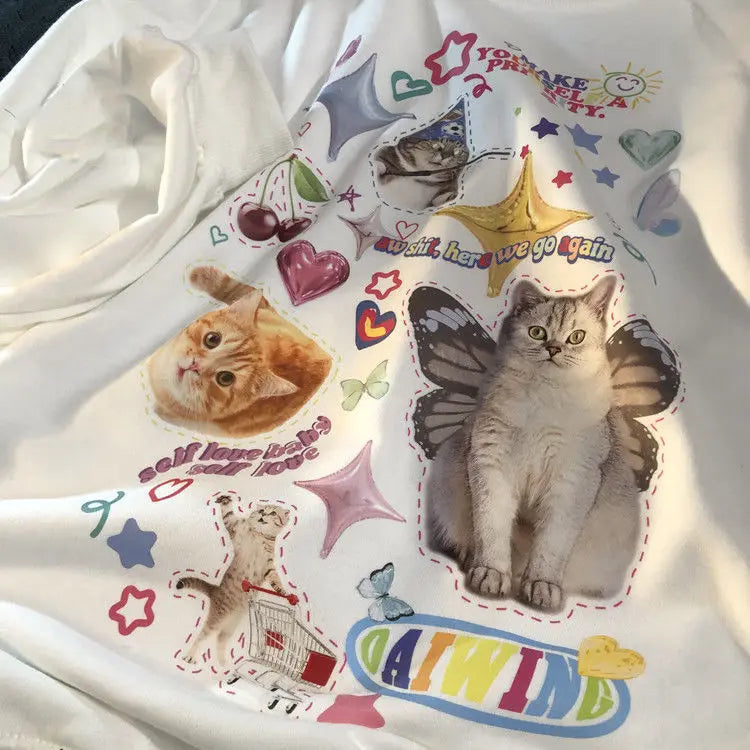 Retro Magic Cats Fun Graffiti Oversized Sweatshirt Women Girls Kawaii Clothes 2022 Autumn Winter Streetwear Long Sleeve Tops
