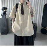 Korean style brown tie shirt men short-sleeved summer Hong Kong style y2k retro drape high-end men shirt casual versatile top