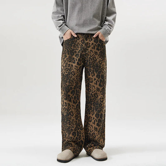men leopard print denim loose casual plus size baggy jeans women streetwear hip hop straight y2k jeans pants trousers stacked flare jeans