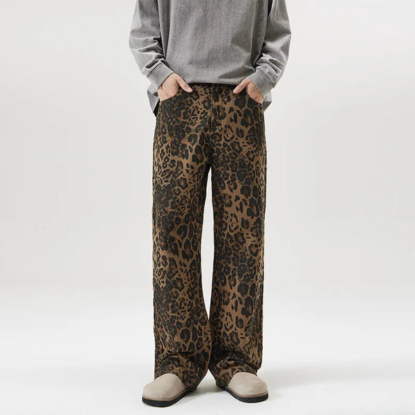 men leopard print denim loose casual plus size baggy jeans women streetwear hip hop straight y2k jeans pants trousers stacked flare jeans