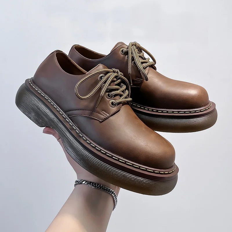 High Street Vintage Brown Big Toe Leather Shoes Men Women Streetwear Fashion Hip Hop Casual Increase Derby Shoes