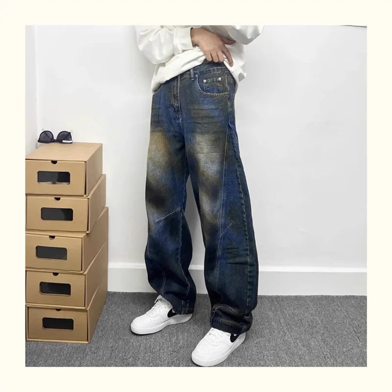 autumn hip hop graffiti painted baggy jeans mens y2l streetwear wide leg denim pants punk fashion distressed gradient jean unique jeans style 265