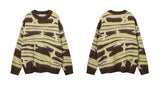 japanese hip hop sweater set men contrast zebra pattern round neck knit top splicing distressed loose jeans 2 pcs harajuku suit unique jeans style 4534