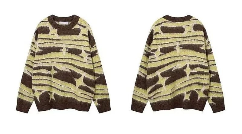 japanese hip hop sweater set men contrast zebra pattern round neck knit top splicing distressed loose jeans 2 pcs harajuku suit unique jeans style 4534