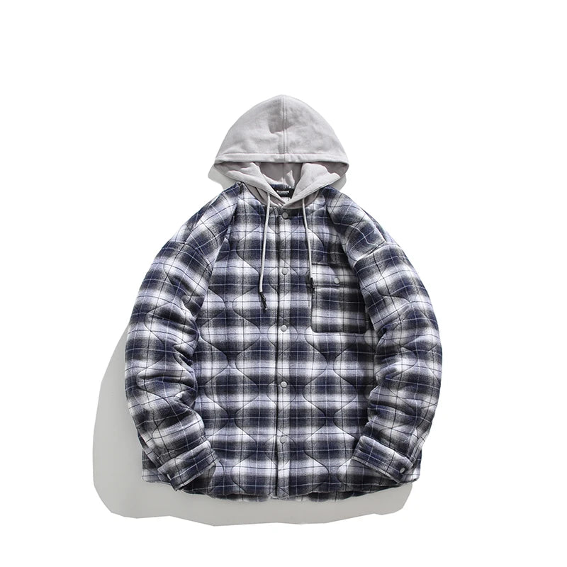 Winter Quilted Thick Plaid Hooded Jacket Men Wmen Streetwear Fashion Oversize Loose Casual Hoody Jacket Padded-cotton Parka Coat