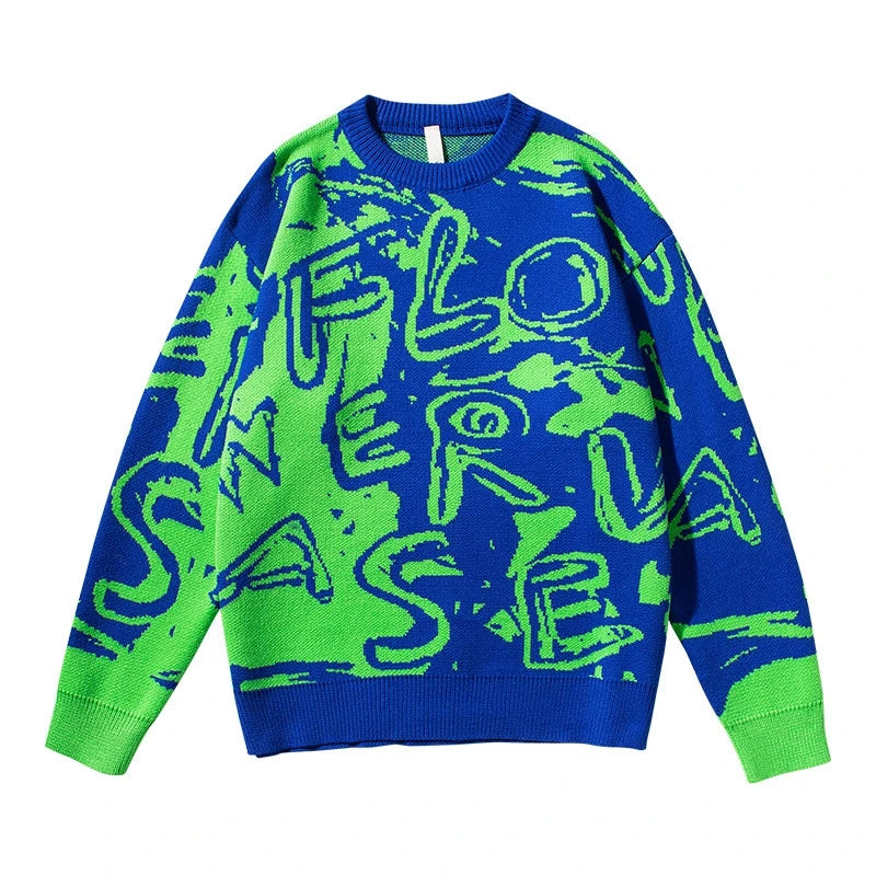 rainbowtouches mens sweater street wear cartoon printing graffiti pullover vintage knitted sweater couples spring and autumn Y2K vintage urban hoodie, oversized graphic print design, urban wear with bold artwork