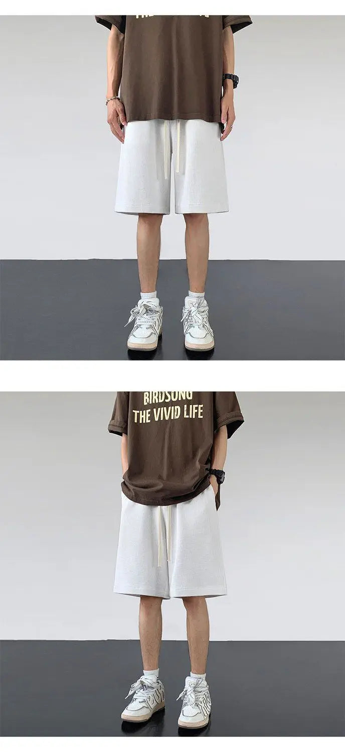 korean sports shorts men new summer hot style loose casual waffle five point pants teenagers solid color versatile niche pants unique shorts style 2134