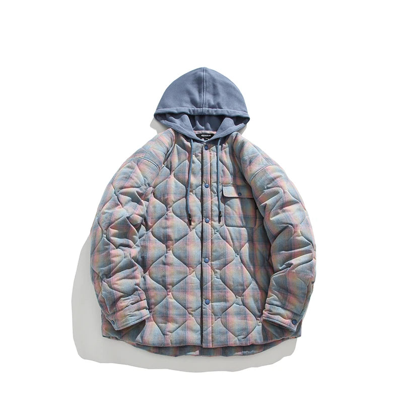 Winter Quilted Thick Plaid Hooded Jacket Men Wmen Streetwear Fashion Oversize Loose Casual Hoody Jacket Padded-cotton Parka Coat