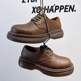 High Street Vintage Brown Big Toe Leather Shoes Men Women Streetwear Fashion Hip Hop Casual Increase Derby Shoes