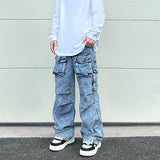 fashion loose streetwear cargo denim jeans unisex casual multi pocket wide legs jean pants hip hop joggers mens baggy jeans unique joggers style 2969
