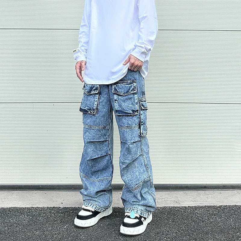 fashion loose streetwear cargo denim jeans unisex casual multi pocket wide legs jean pants hip hop joggers mens baggy jeans unique joggers style 2969
