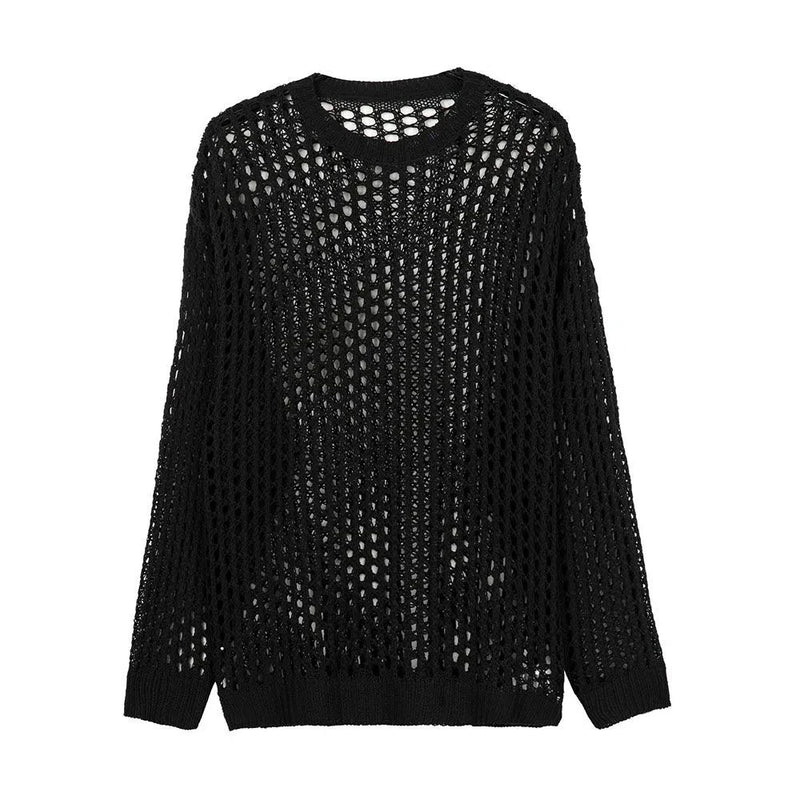 Casual Pullovers Hollow Out Outfits Fishnet Smock Tops Men Fashion Loose Long Sleeve See-though Knit Shirts Y2k Sexy Holes Shirt