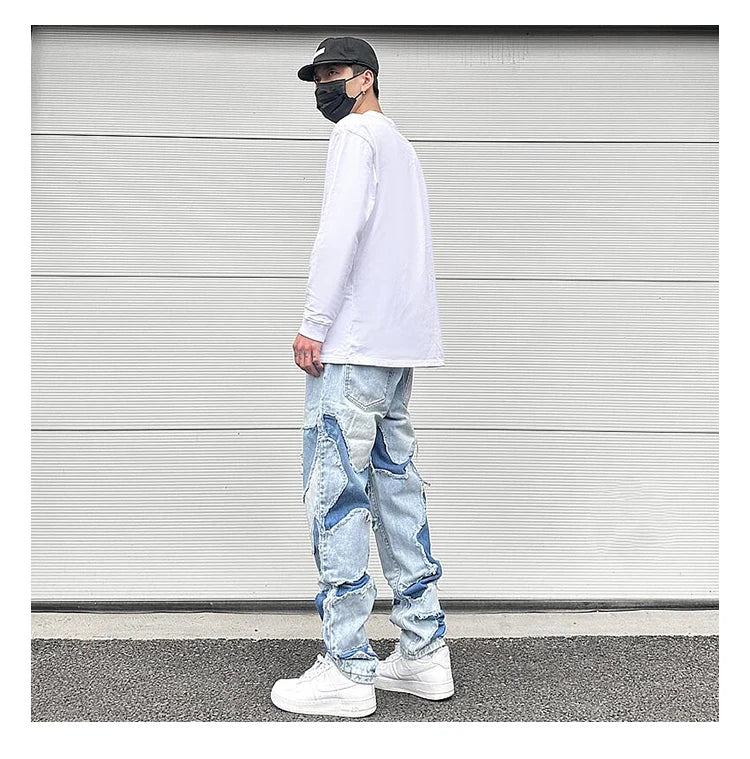 ripped irregular patchwork design denim jeans men casual zipper biker trousers jeans fashion streetwear hip hop pants joggers unique joggers style 3622